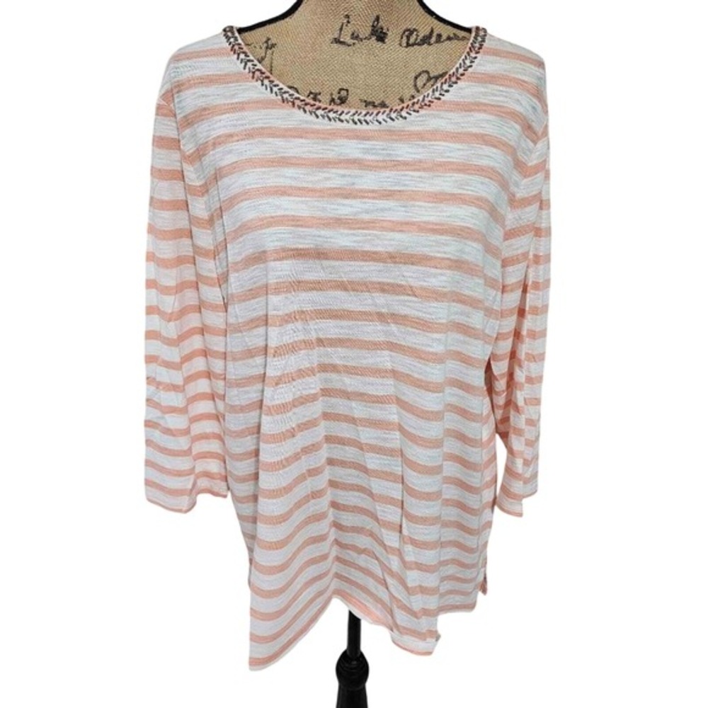 Chicos Striped Embellished Scoop Neck 3/4 Sleeve Top Peach White Back Tie Sz XL